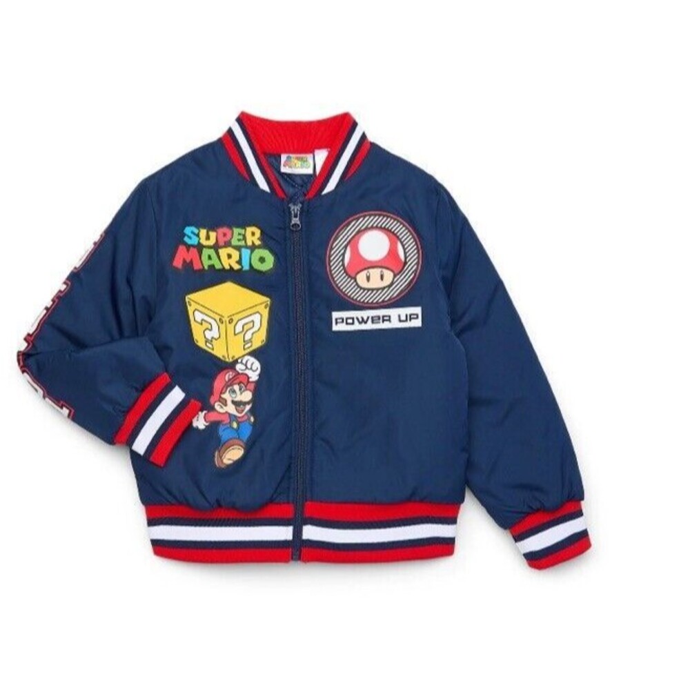Super Mario Boy’s Bomber Jacket Official License Zip Pockets Size 10/12 Blue NWT